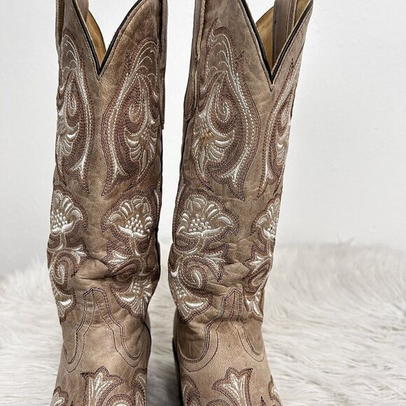 Corral Floral Full Stitched Cowboy Boots Beige Pull On Pointed Toe Leather 9.5 B - Picture 6 of 12